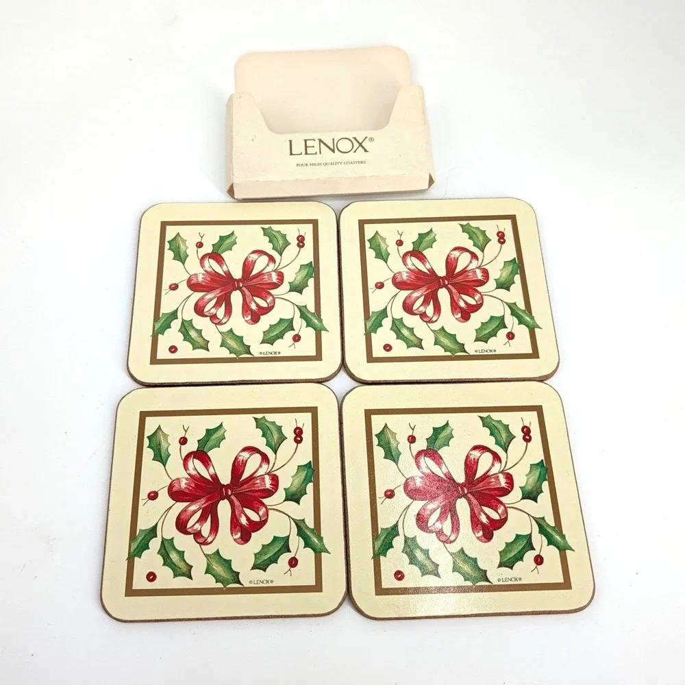 Lenox Holiday Christmas Coasters Set of 4 Red Holly Berry Cork Made in England
